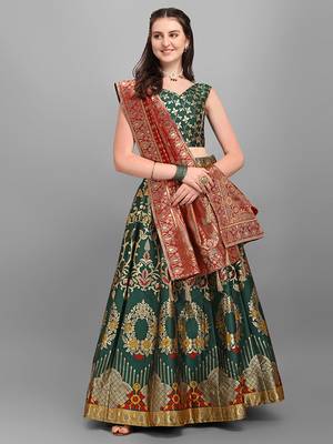 Dark Green color Jacquard Woven Lehenga Choli 1