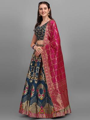 Teal color Jacquard Woven Lehenga Choli 2