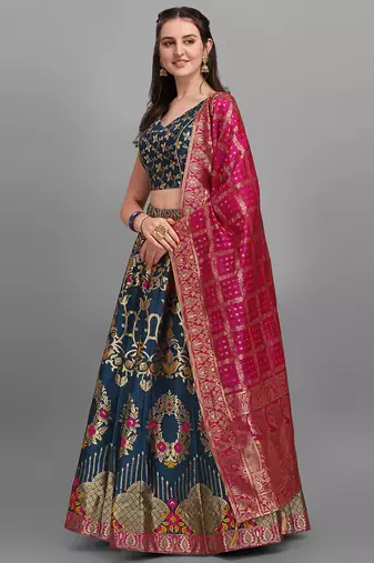 Teal color Jacquard Woven Lehenga Choli