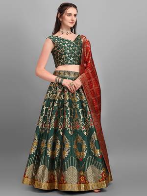 Dark Green color Jacquard Woven Lehenga Choli 2