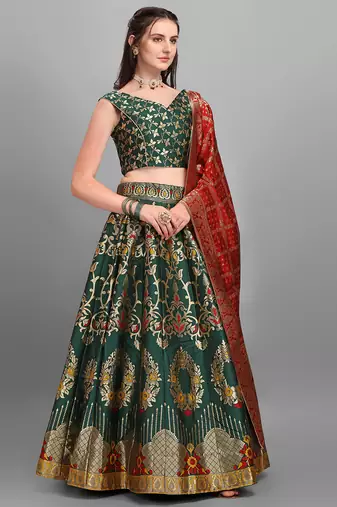 Dark Green color Jacquard Woven Lehenga Choli