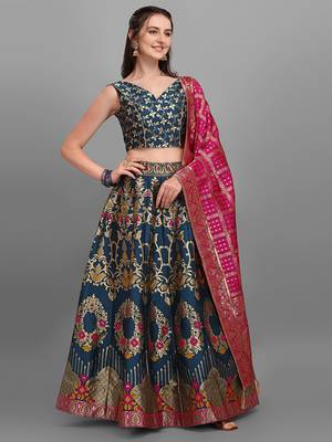 Teal color Jacquard Woven Lehenga Choli 3