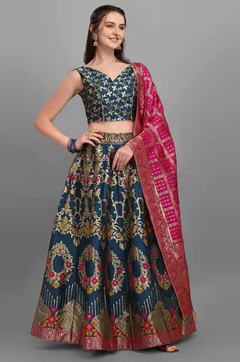 Teal color Jacquard Woven Lehenga Choli