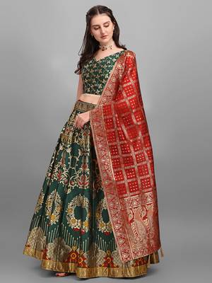Dark Green color Jacquard Woven Lehenga Choli 3