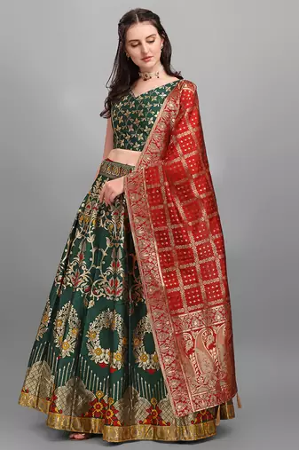 Dark Green color Jacquard Woven Lehenga Choli