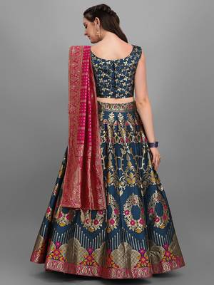 Teal color Jacquard Woven Lehenga Choli 4