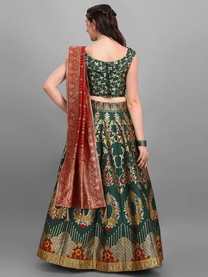 Dark Green color Jacquard Woven Lehenga Choli 4