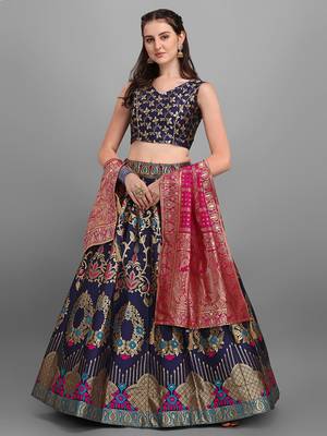 Navy blue color Jacquard Woven Lehenga Choli 1