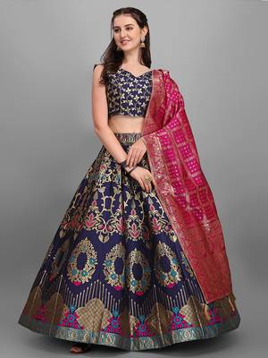 Navy blue color Jacquard Woven Lehenga Choli 2