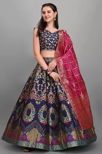 Navy blue color Jacquard Woven Lehenga Choli