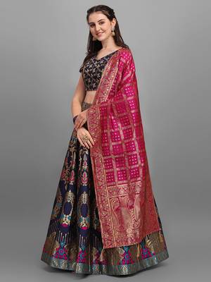 Navy blue color Jacquard Woven Lehenga Choli 3