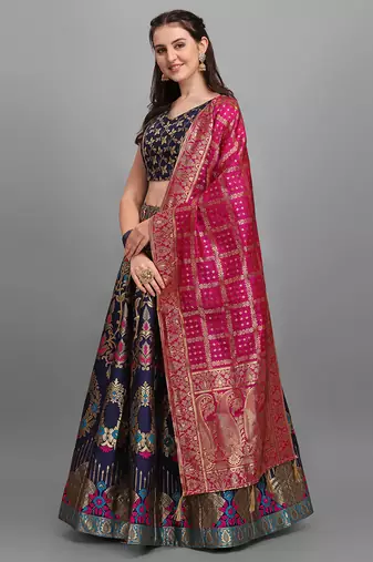 Navy blue color Jacquard Woven Lehenga Choli