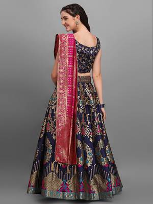 Navy blue color Jacquard Woven Lehenga Choli 4