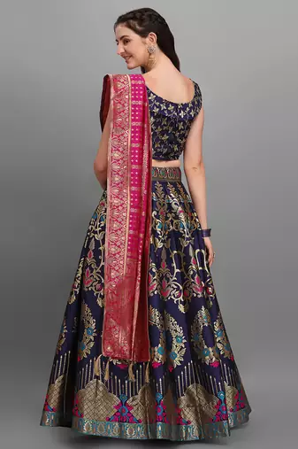 Navy blue color Jacquard Woven Lehenga Choli