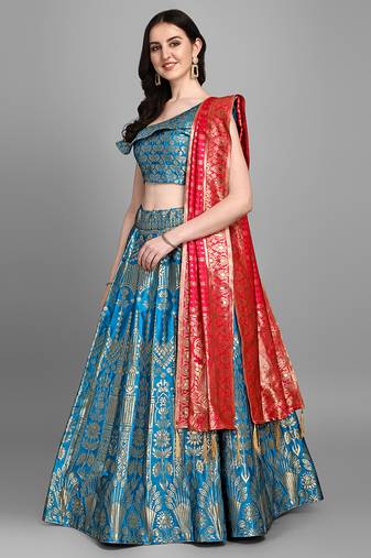Turquoise Jacquard Woven Mehendi Lehenga Choli