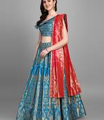 Turquoise Jacquard Woven Mehendi Lehenga Choli