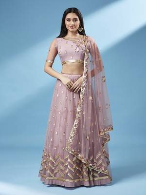 Rose Gold Coloured Sequinned  Embroidered Semi-Stitched Lehenga & Unstitched Blouse 2