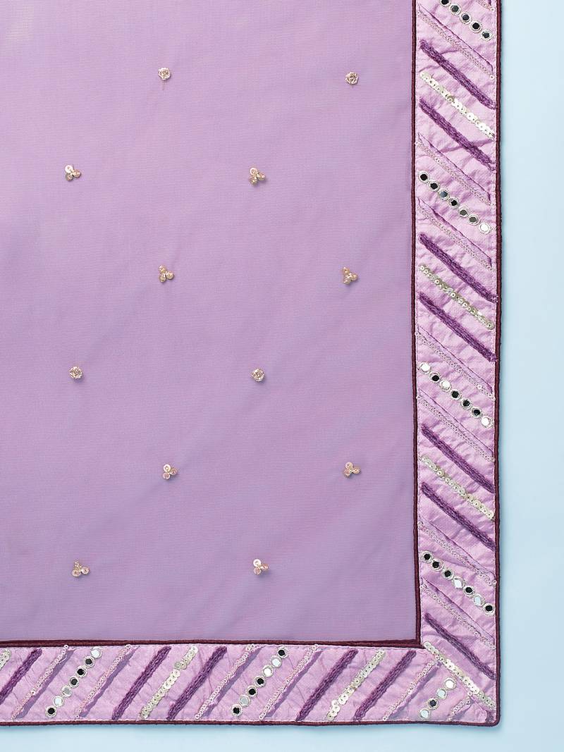Panchhi Women Lavender Net Zig-Zag Embroideried Semi-Stitched Lehenga, Unstitched Blouse & Dupatta