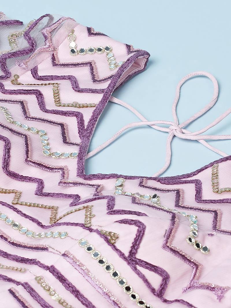 Panchhi Women Lavender Net Zig-Zag Embroideried Semi-Stitched Lehenga, Unstitched Blouse & Dupatta