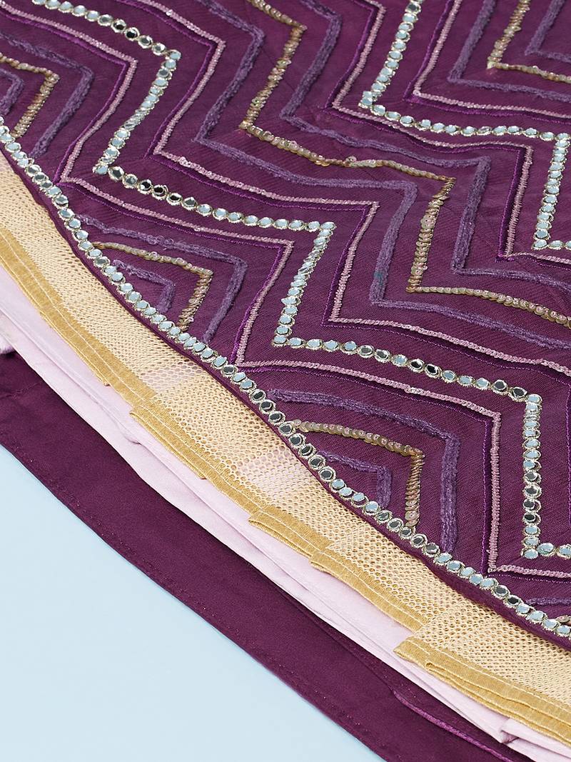 Panchhi Women Lavender Net Zig-Zag Embroideried Semi-Stitched Lehenga, Unstitched Blouse & Dupatta