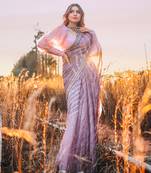 Lilac Hand Embroidered Lahariya Saree Set