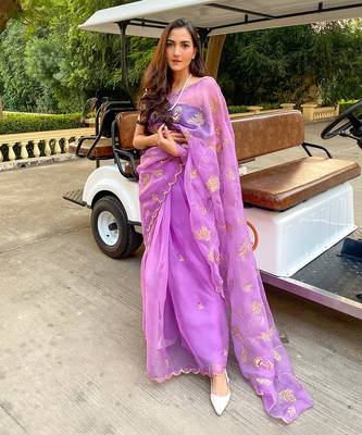 Purple Hand Embroidered Gota Patti Jaal Saree Set 1