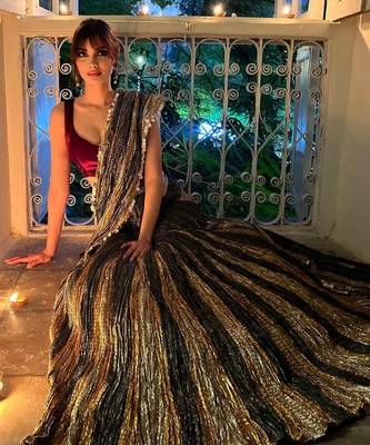 Ready-To-Wear Teal Green Antique Gold And Bronze Flared Gota Saree Maroon Velvet Blouse. 1