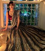 Ready-To-Wear Teal Green Antique Gold And Bronze Flared Gota Saree Maroon Velvet Blouse.