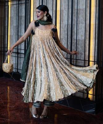 Gota Flared Kurti In Shades Of Silver Gold And Bronze Palazzo Pant 1