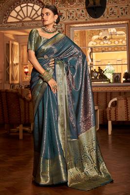 Teal Blue Arunima Faux Kanjivaram Saree With Copper Zari Weaving For Women 1