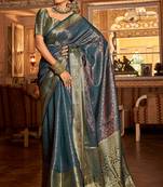 Teal Blue Arunima Faux Kanjivaram Saree With Copper Zari Weaving For Women