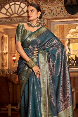 Teal Blue Arunima Faux Kanjivaram Saree With Copper Zari Weaving For Women 3