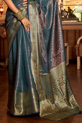 Teal Blue Arunima Faux Kanjivaram Saree With Copper Zari Weaving For Women 4