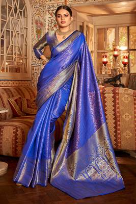 Royal Blue Arunima Kanjivaram Saree With Copper Zari Weaving For Women 2