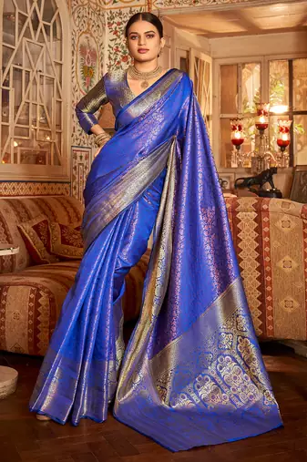 Royal Blue Arunima Kanjivaram Saree With Copper Zari Weaving For Women