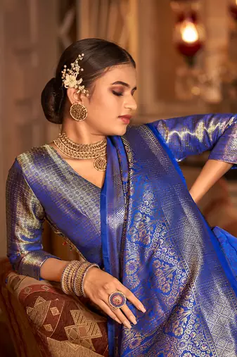 Royal Blue Arunima Kanjivaram Saree With Copper Zari Weaving For Women