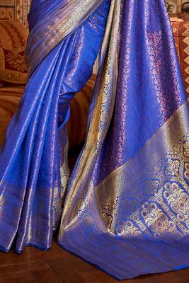Royal Blue Arunima Kanjivaram Saree With Copper Zari Weaving For Women 4