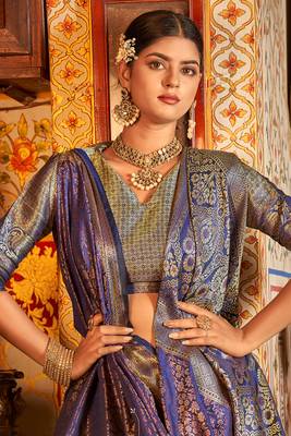 Blue Arunima Kanjivaram Saree With Copper Zari Weaving For Women 2