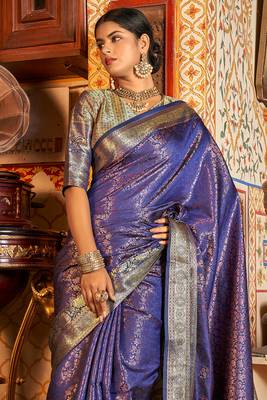 Blue Arunima Kanjivaram Saree With Copper Zari Weaving For Women 3