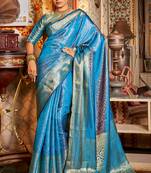 Firozi Arunima Faux Kanjivaram Saree With Copper Zari Weaving For Women