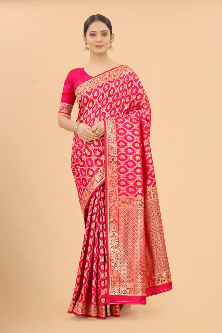 Pink Dimond Banarasi Style Silk Saree With Designer Fanct Pallu For Women