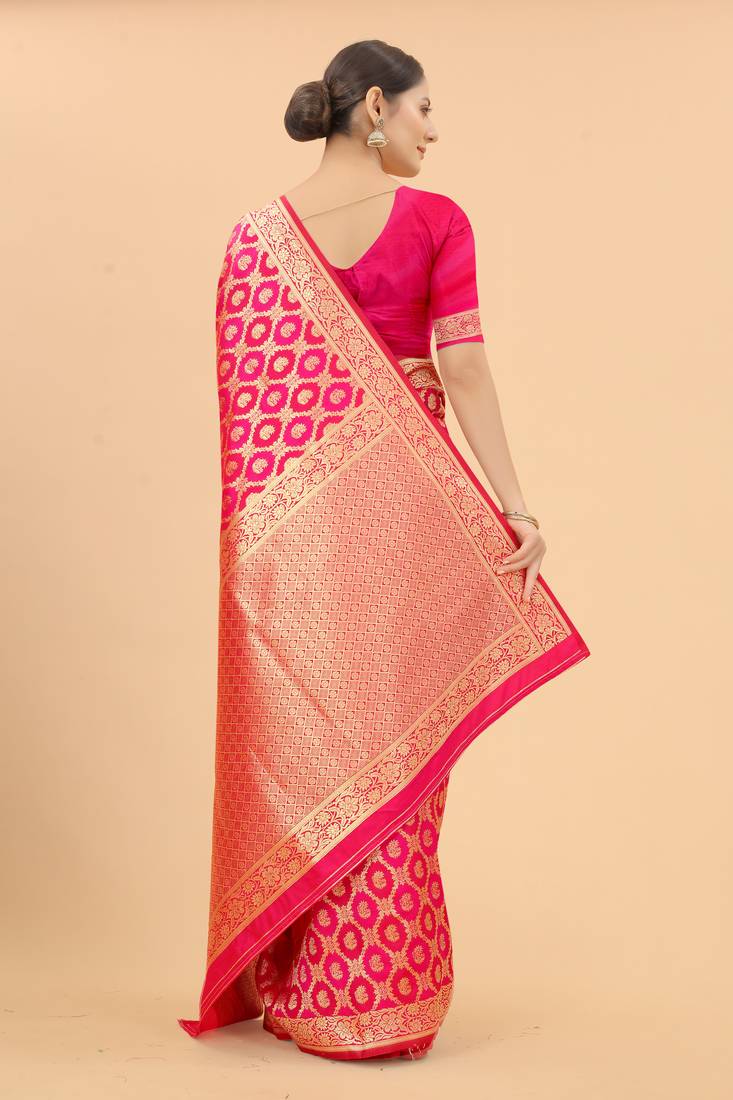 Pink Dimond Banarasi Style Silk Saree With Designer Fanct Pallu For Women