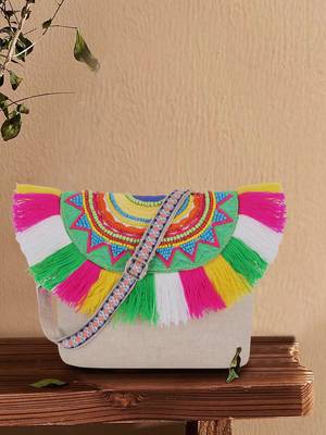 Anekaant Boho Natural & Multi Cotton Canvas Ethnic Motifs Embellished Sling Bag 1