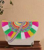 Anekaant Boho Natural & Multi Cotton Canvas Ethnic Motifs Embellished Sling Bag