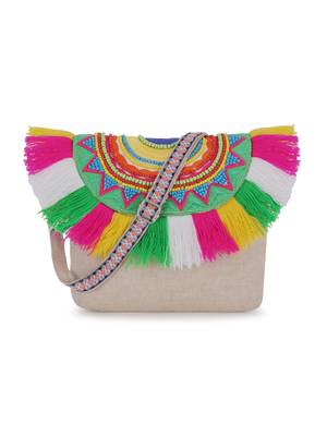 Anekaant Boho Natural & Multi Cotton Canvas Ethnic Motifs Embellished Sling Bag 2