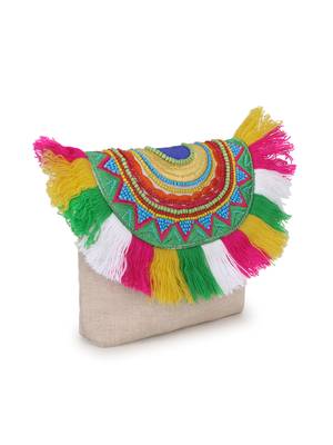 Anekaant Boho Natural & Multi Cotton Canvas Ethnic Motifs Embellished Sling Bag 3