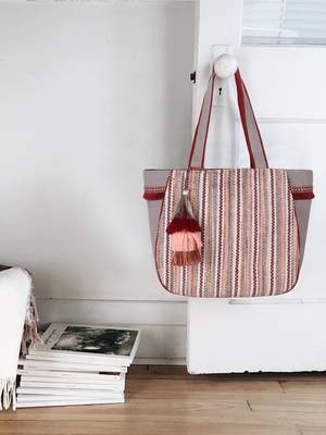 Geomat Grey, Maroon & Multi Cotton Acrylic Striped Jacquard Tote Bag 1
