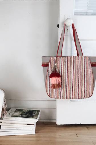 Geomat Grey, Maroon & Multi Cotton Acrylic Striped Jacquard Tote Bag