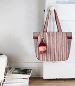 Geomat Grey, Maroon & Multi Cotton Acrylic Striped Jacquard Tote Bag