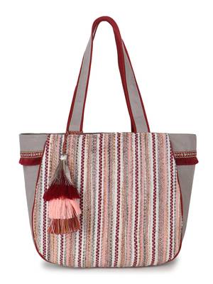 Geomat Grey, Maroon & Multi Cotton Acrylic Striped Jacquard Tote Bag 2